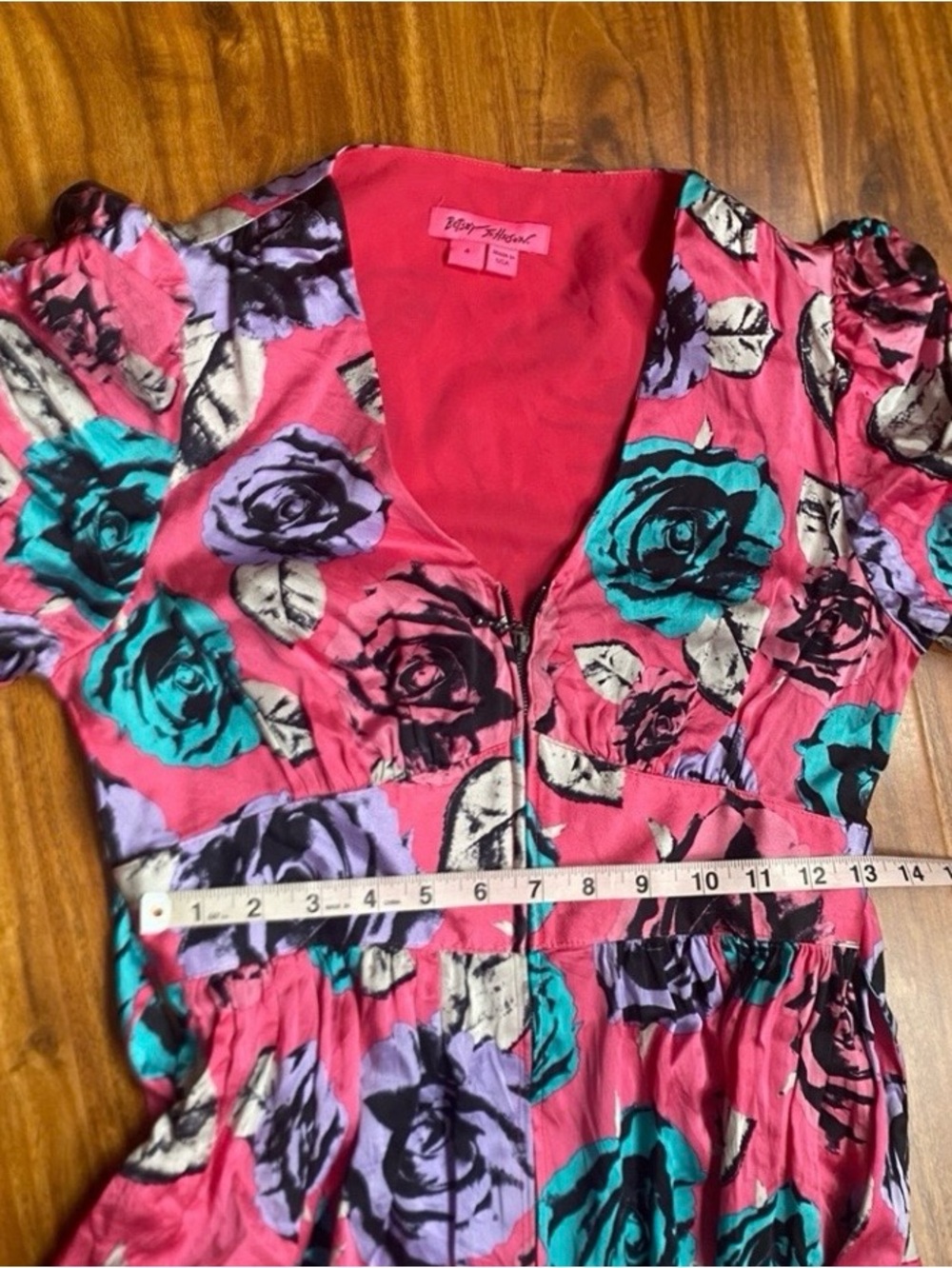 Betsey Johnson Women's Pink Rosette V Neck Short Sleeve Satin Mini Dress Size 4 - Picture 14 of 16